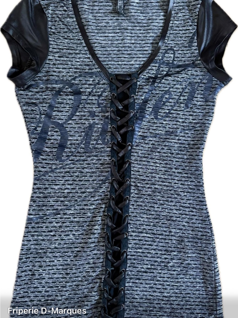 Ruched Lace-Up Grey & Black Short Sleeve Women's Tee by Rufen Xsmall